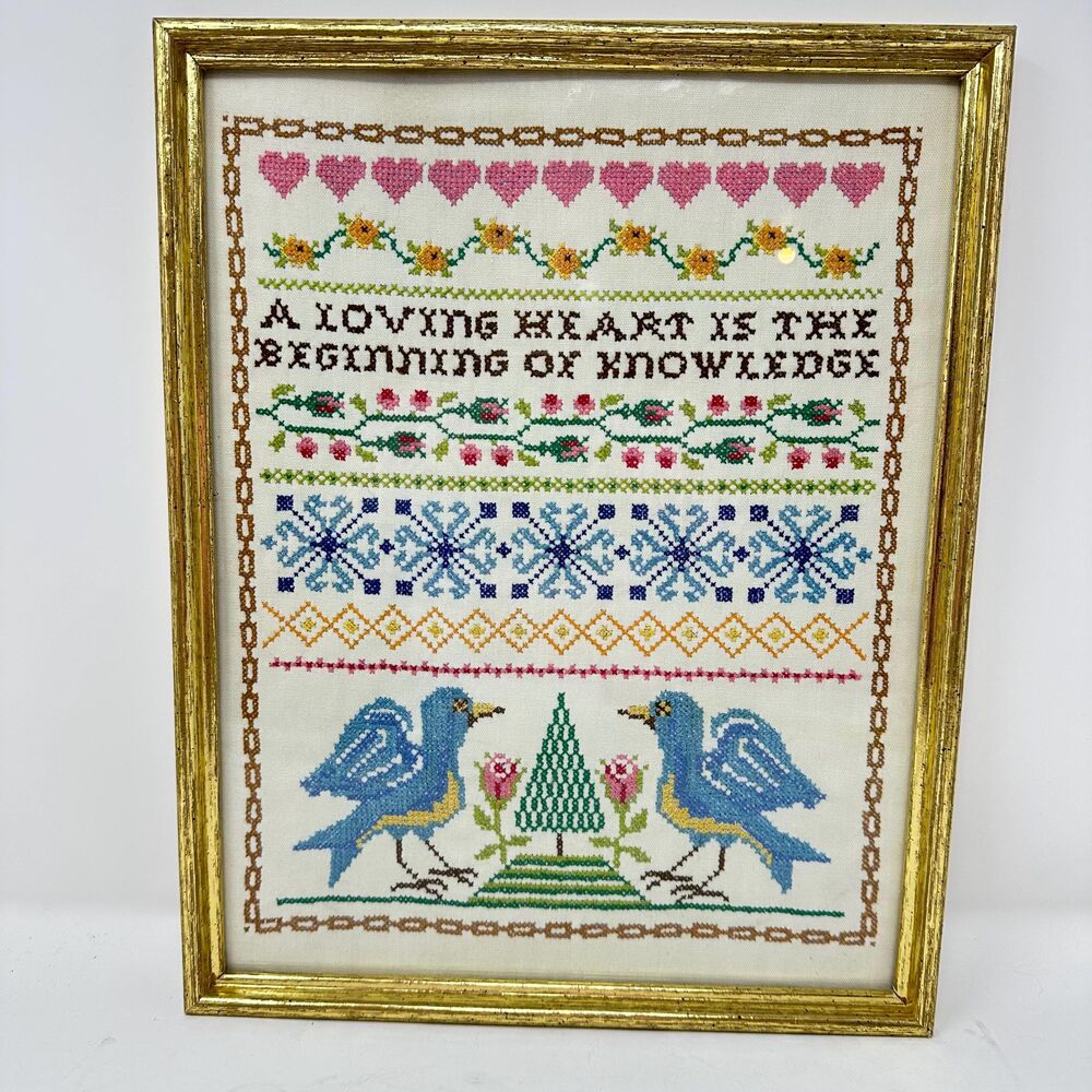 1945 Framed Cross Stitch Sampler A Loving Heart Is The Beginning Of Knowledge